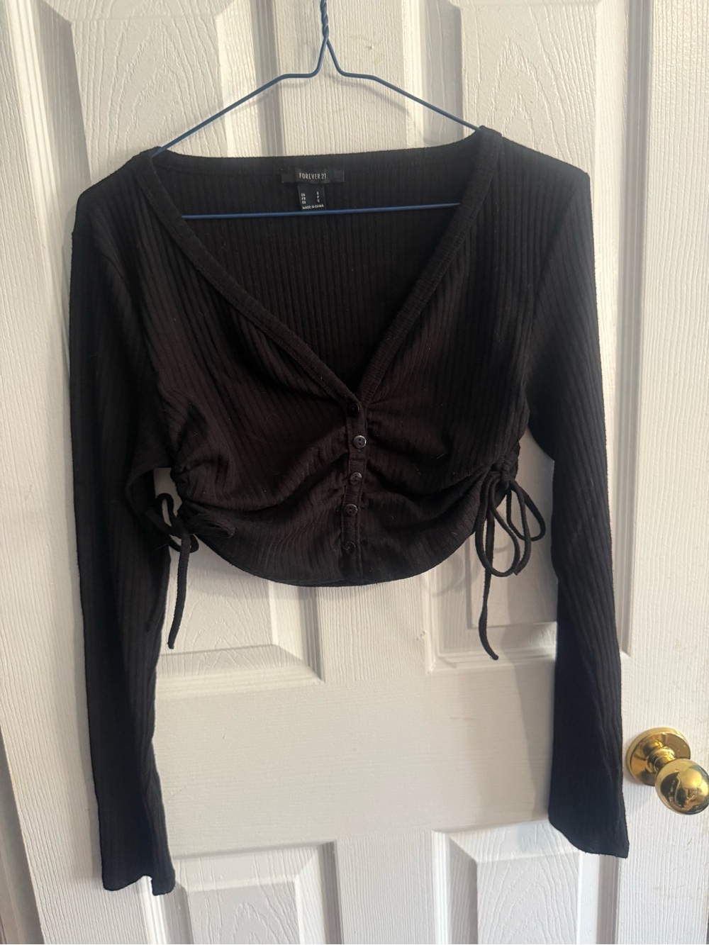 Forever 21 Black Ribbed Button-Front Cropped Long Sleeve Top